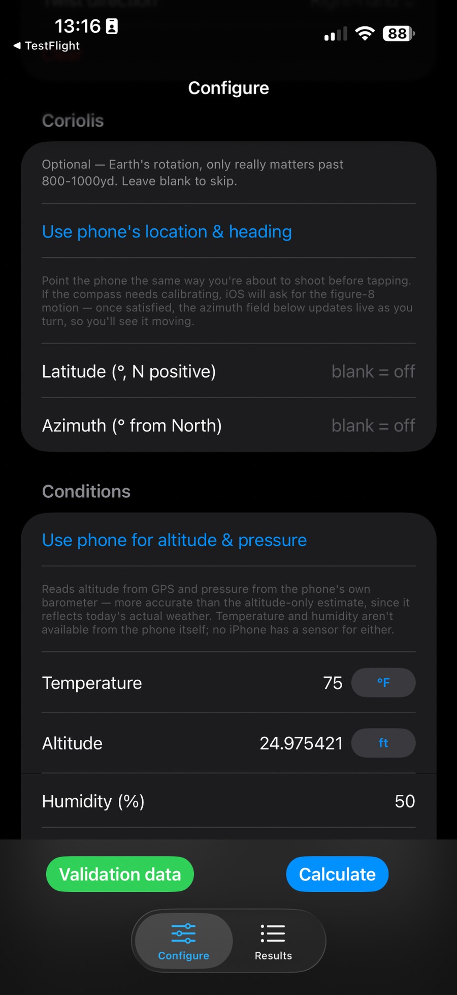 Live altitude and pressure controls